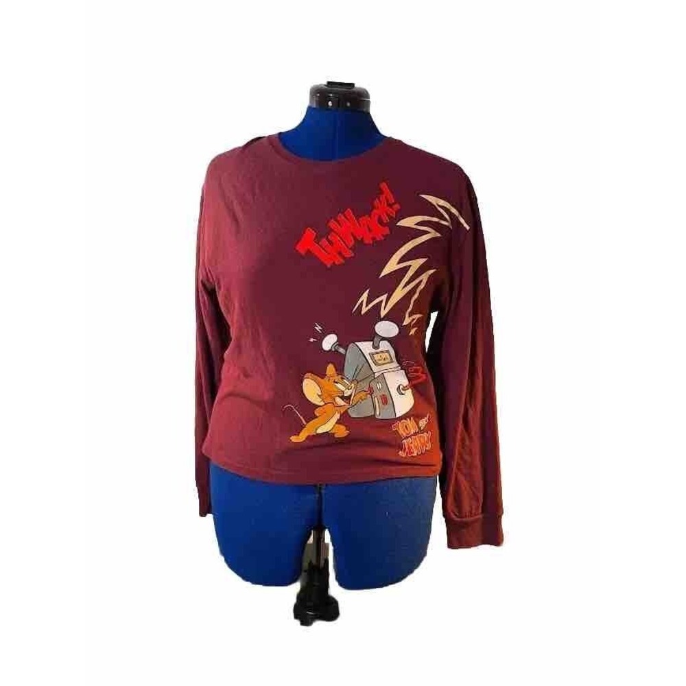 Warner Bros Tom Zapped Jerry Womens Large Burgundy AOP Long Sleeve‎ Preowned